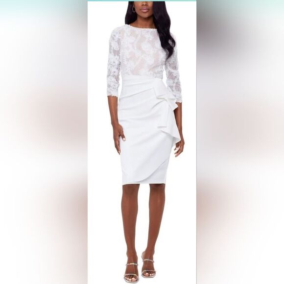 Xscape  Boat-Neck Lace-Top Draped-Skirt Midi Dress NWT Size 4 White - Picture 1 of 7